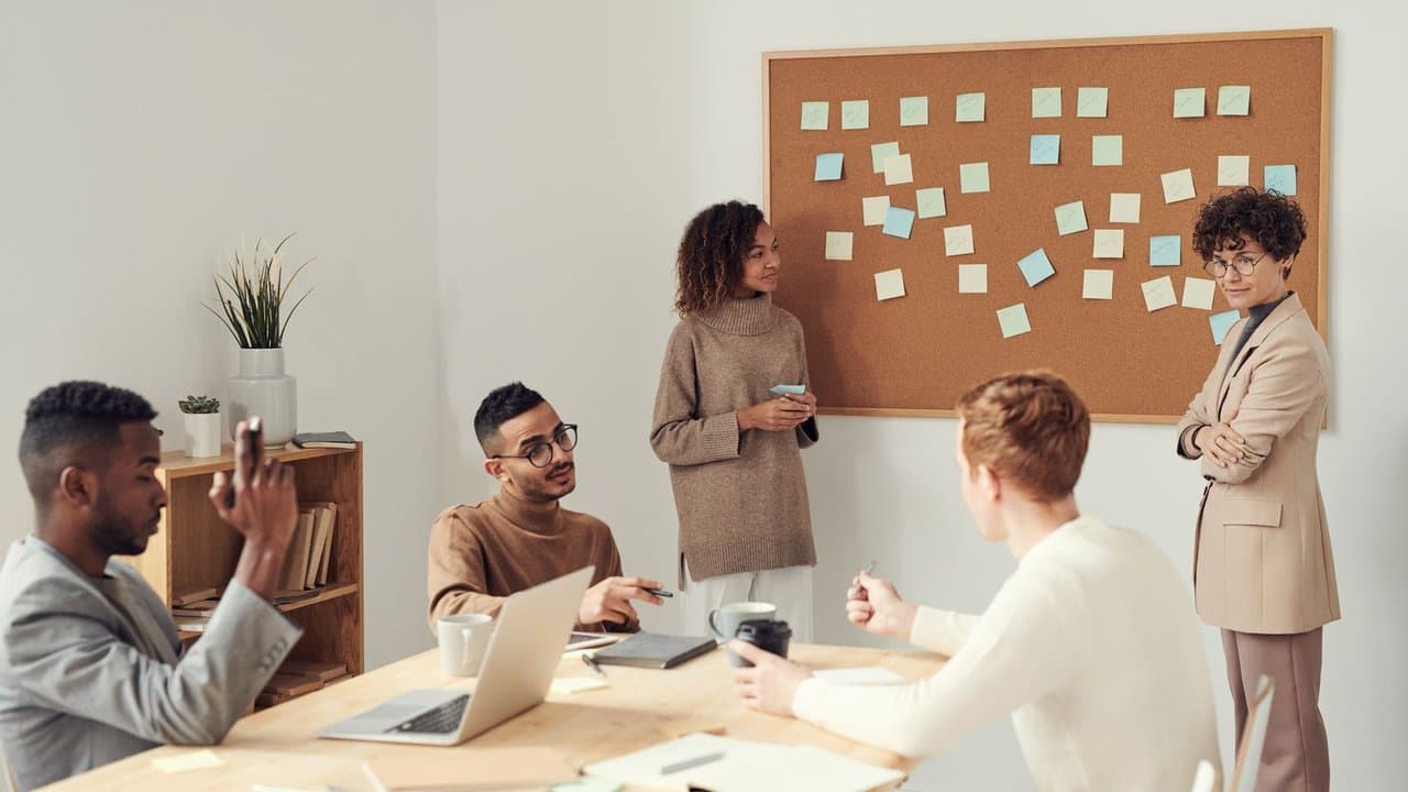 Product team collaborating in a meeting room